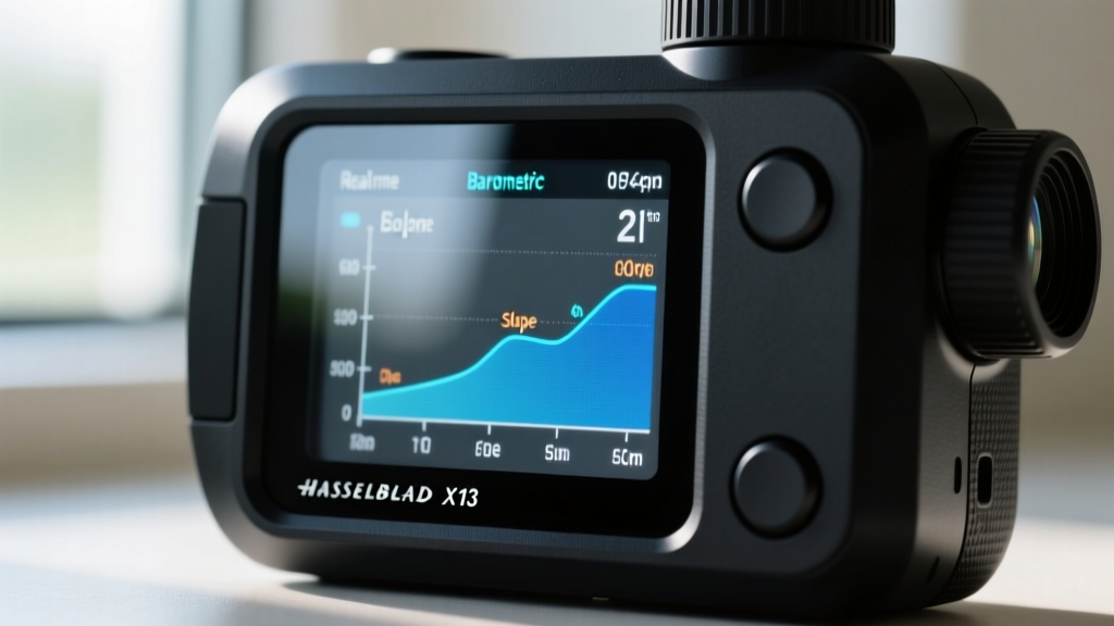 Close-up of a golf rangefinder displaying barometric pressure and temperature slope adjustments on a digital screen.