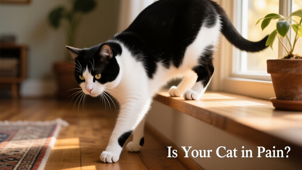Cat carefully stepping down from a low ledge, showing cautious movement and weight-bearing on front paws—illustrating subtle signs of joint discomfort