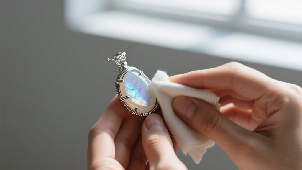 Hands wiping a raw moonstone pendant with a soft cloth, demonstrating proper care for delicate wire-wrapped gemstone jewelry