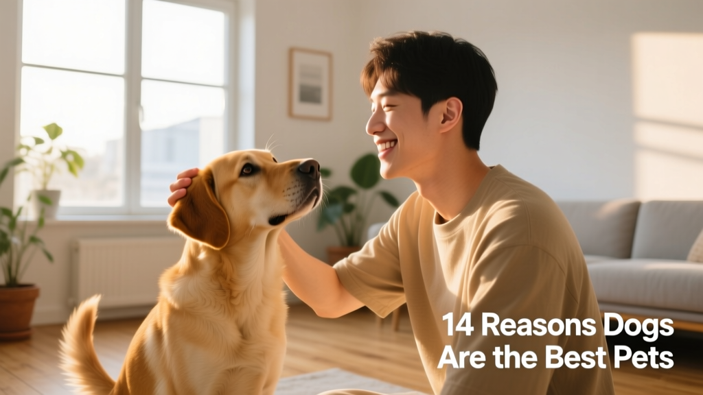 A smiling person gently stroking their dog’s ears as the dog gazes up warmly