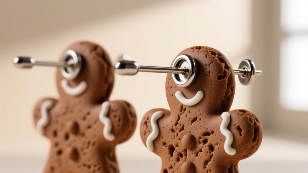 Close-up of 20-gauge titanium earring posts being carefully embedded into raw brown polymer clay gingerbread shapes before baking.