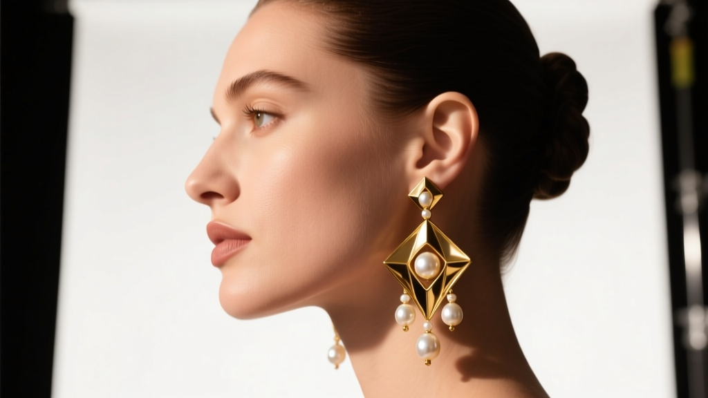 Side profile of a woman wearing sculptural gold and pearl Pat Cheney earrings with an updo under warm studio lighting.