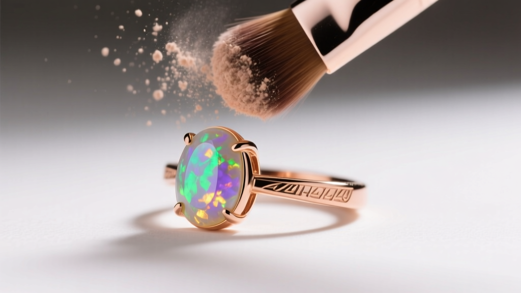 A 14k rose gold ring with an opal cabochon being carefully dusted with a dry, ultra-soft makeup brush in soft, diffused lighting