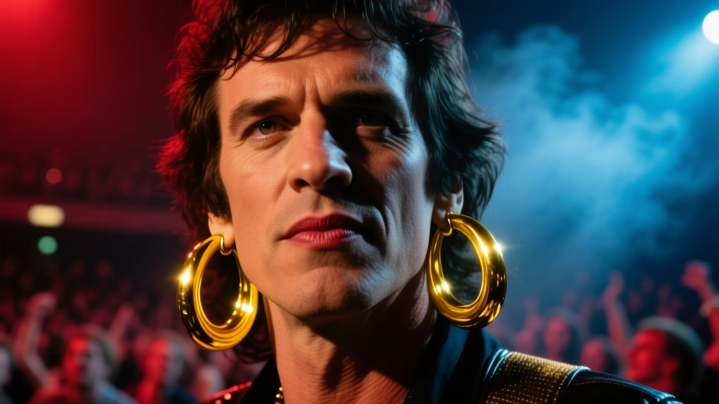 Vintage 1970s rockstar wearing thick 14k yellow gold hoop earrings, moody stage lighting, gritty concert photography style.