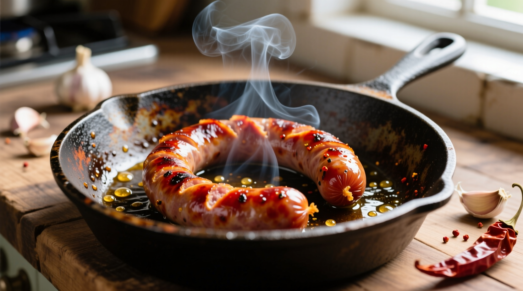 Chorizo cooking in cast iron skillet with golden brown edges