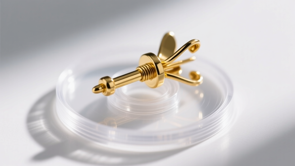 Macro photo of a 20-gauge gold earring post with a tight clear plastic factory shipping disc pushed against a butterfly clutch.