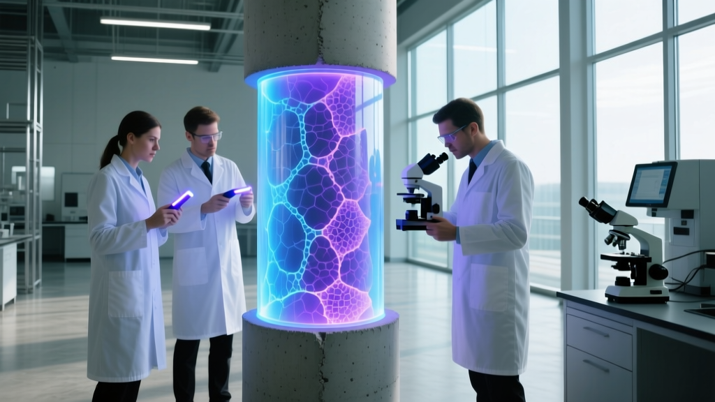 Lab technicians examining a graphene concrete cylinder under UV light in a modern construction materials testing facility