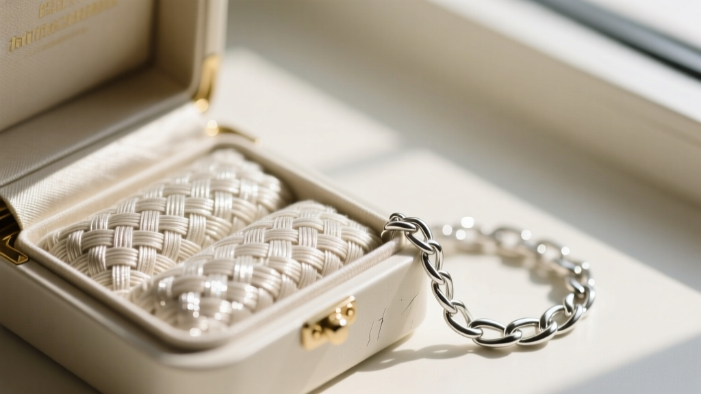 Macro view of anti-tarnish cloth lining inside a storage box, showing woven texture beside a polished sterling silver chain.