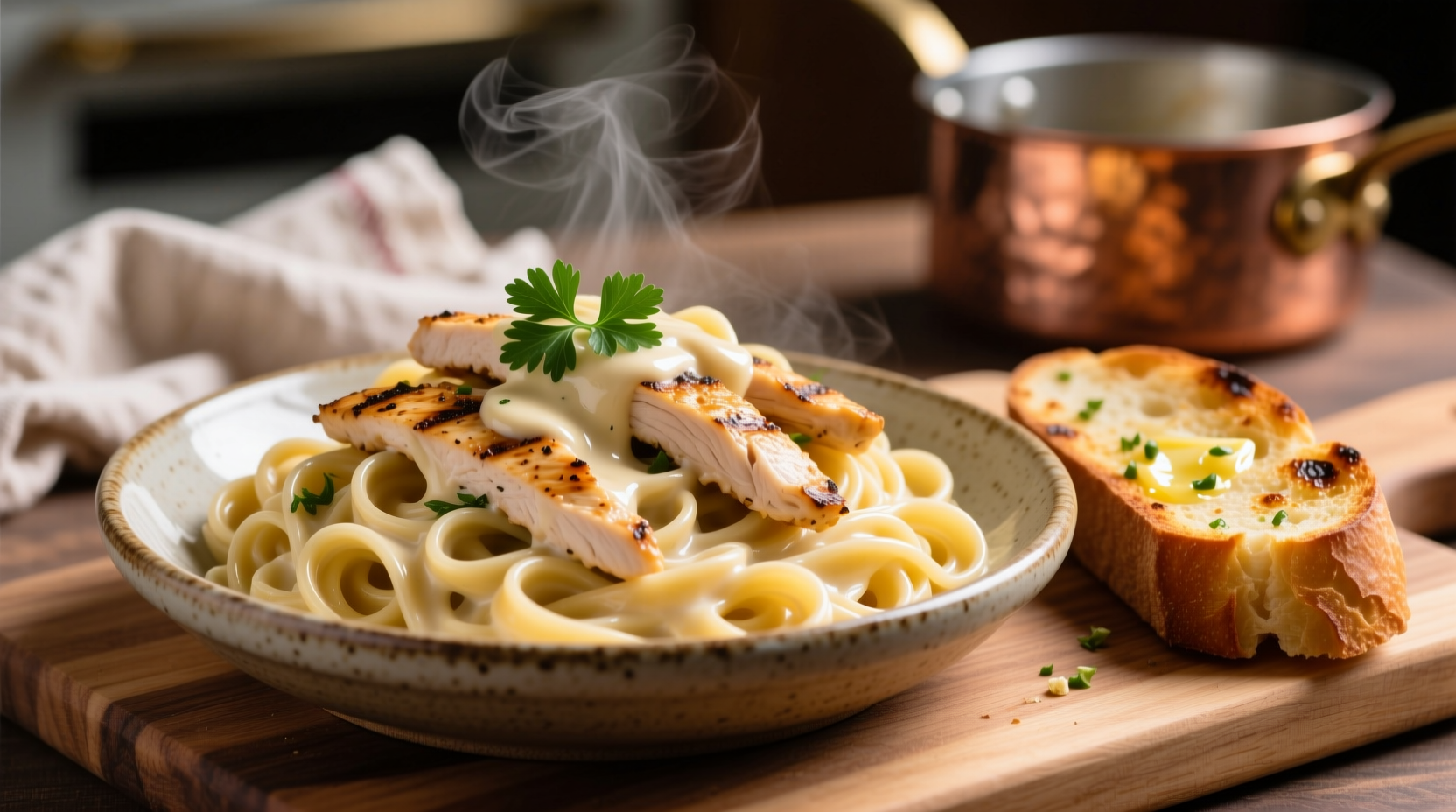 Creamy chicken alfredo with golden garlic bread