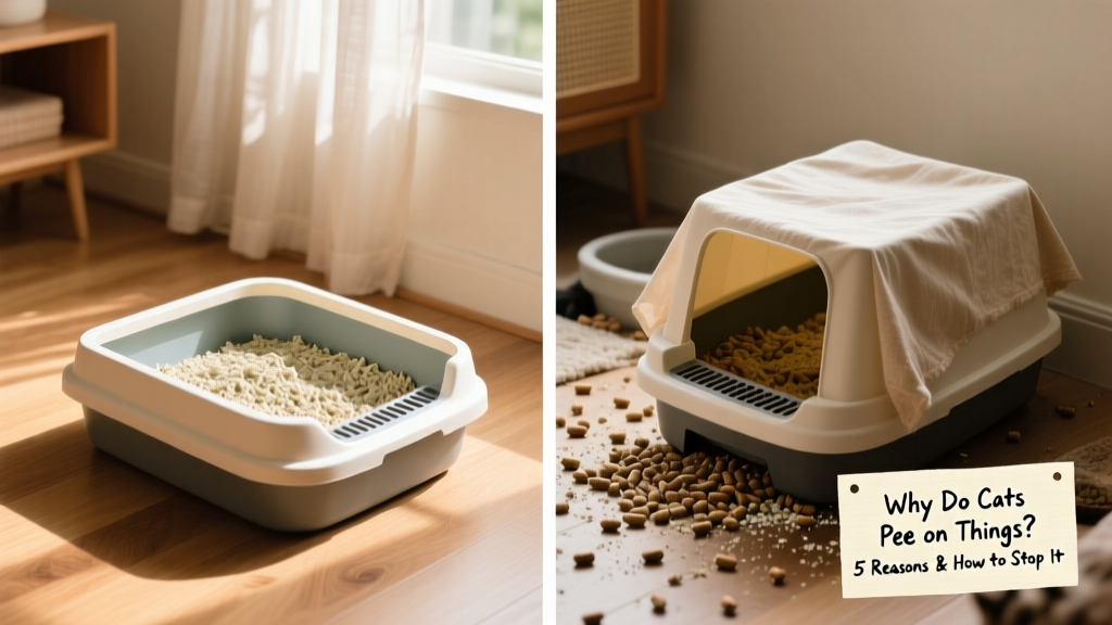 Side-by-side comparison of two litter boxes: one clean and spacious with unscented clumping litter, the other cluttered and partially covered with scented pellets