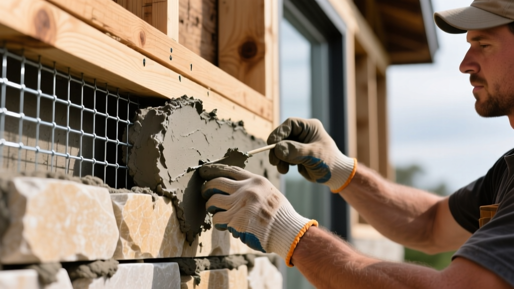 Mason applying Type S mortar to install sliced limestone thin veneer natural stone on an exterior wood-framed wall with galvanized wire lath