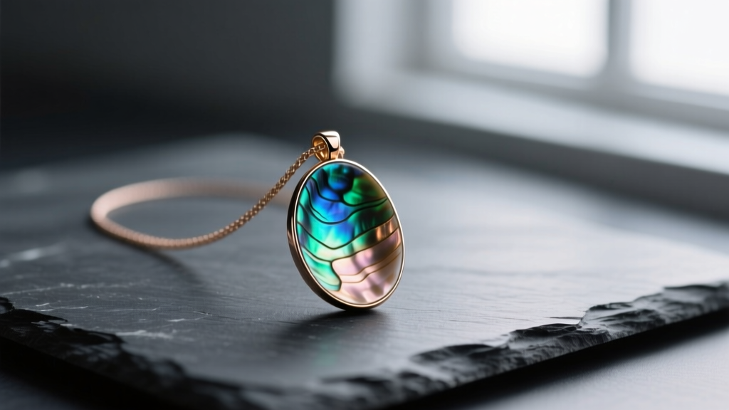Close-up of a polished abalone shell pendant necklace resting on dark slate, illuminated by soft, diffused natural window lighting.