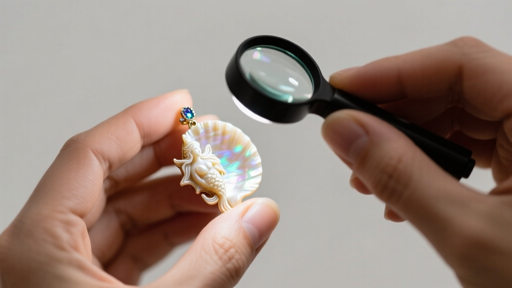 Jeweler inspecting nacre of a carved ariel shell pendant using a 10x loupe and bright gemological lighting on a neutral backdrop