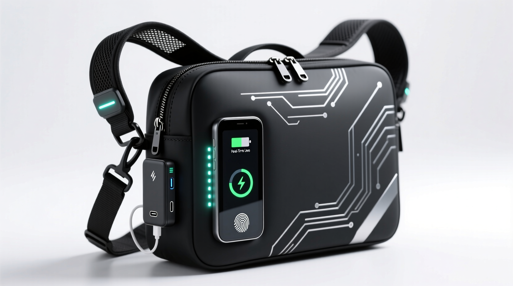 the tech filled shoulder bag