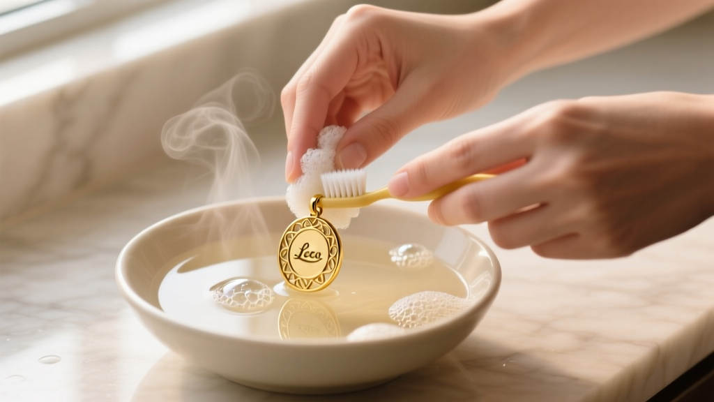 Hands gently scrubbing a delicate 14k gold pendant with a soft baby toothbrush in a bowl of warm soapy water