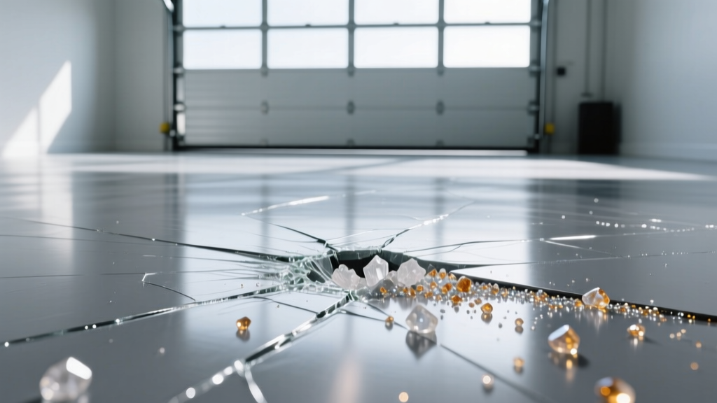 Close-up of metallic gray epoxy floor coating with quartz aggregates being tested for scratch resistance in a bright modern garage