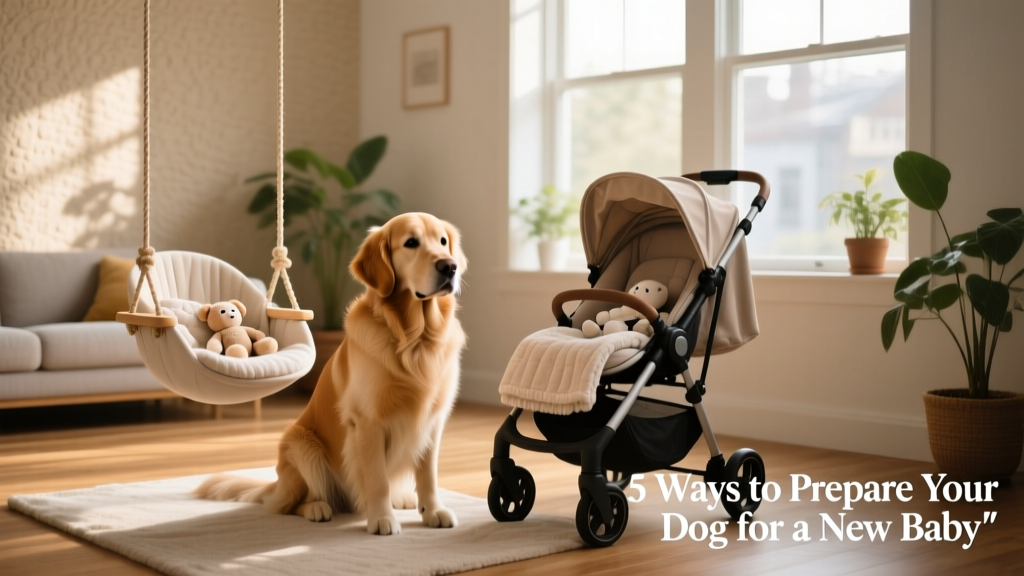 A calm, well-trained dog sitting beside a baby swing and stroller in a living room