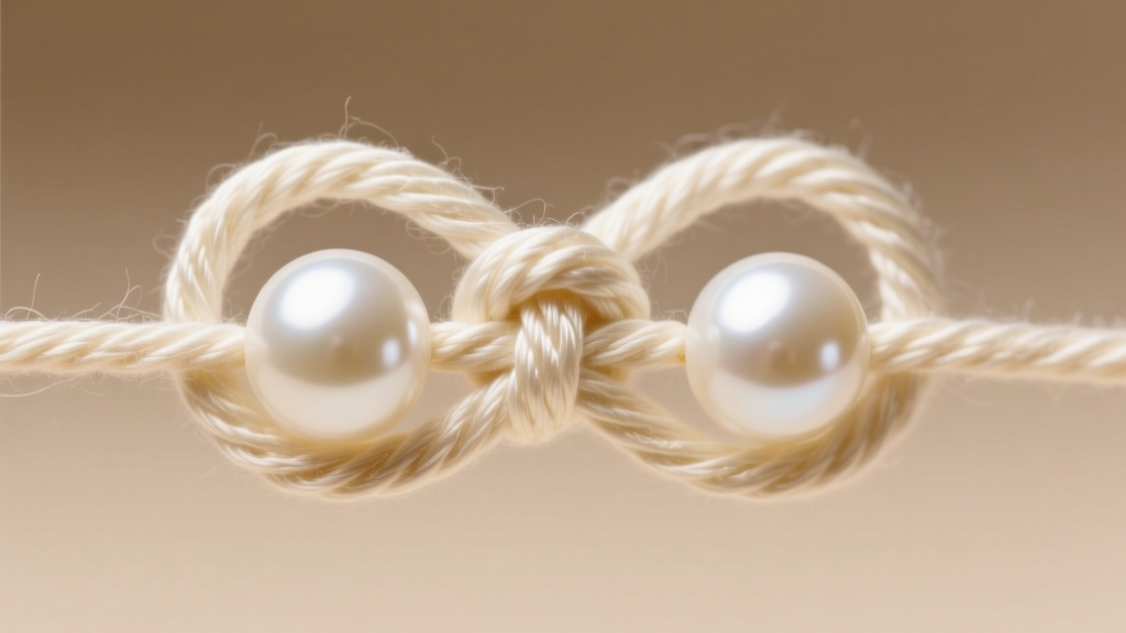 Close-up of a traditional French knot tying technique using ivory silk thread between two 7mm round white freshwater pearl beads