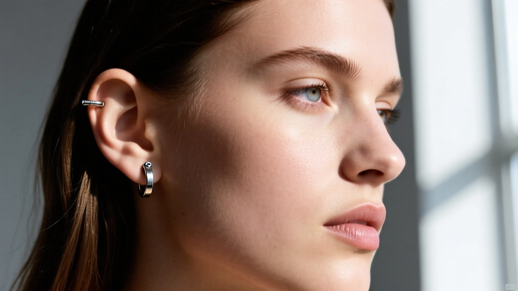 Profile of a model wearing a 9mm Marlon cartilage cuff on the upper helix, showing the precise gap for a secure tension grip.