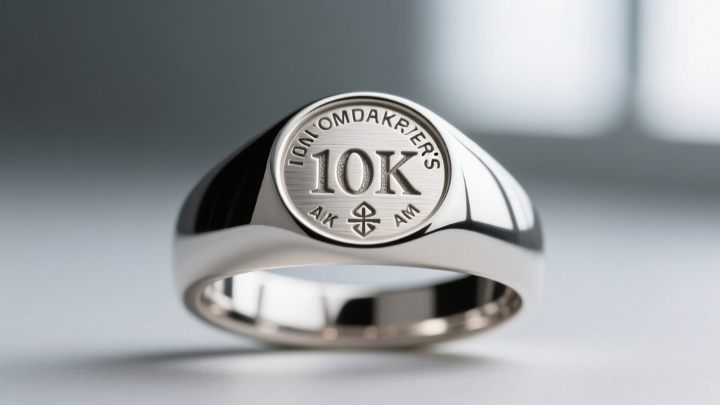 Macro lens view of a stamped 10K hallmark and maker's mark engraved on the flat back of a Black Hills gold heart pendant bail.