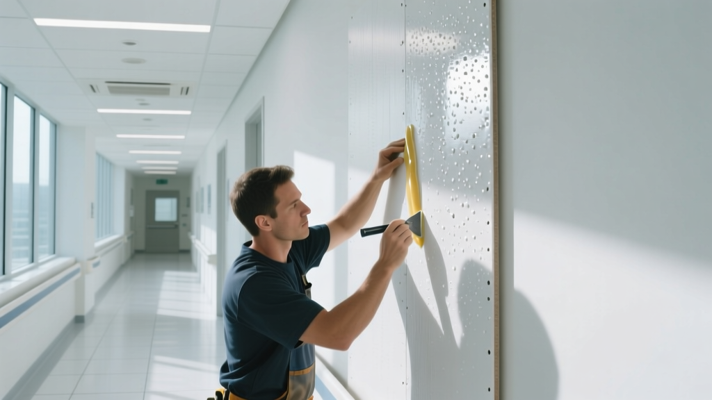 Contractor applying adhesive to a textured white vinyl coated gypsum board panel in a bright commercial hospital corridor.