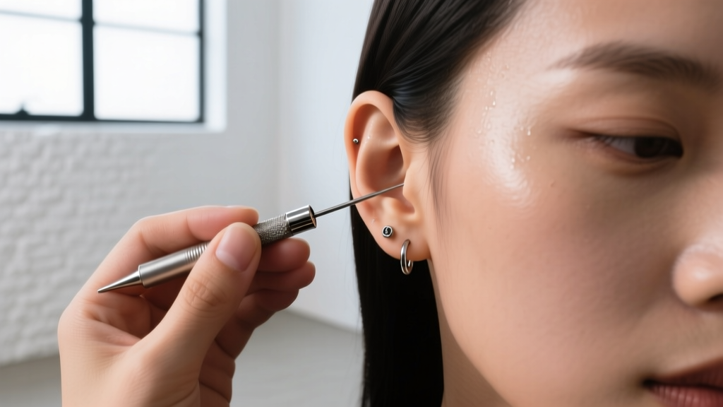 A piercer using a sterile metal taper to transition a client from an 18-gauge to a 16-gauge earring in a bright, clean studio.