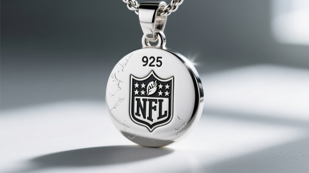 Macro photography showing the stamped 925 and NFL Shield hallmark on the back of a sterling silver Detroit Lions logo pendant.