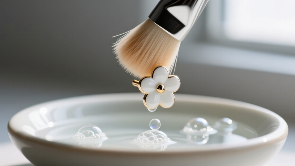 Close-up of a soft baby-bristle brush gently cleaning a white enameled flower stud earring in a shallow dish of soapy water