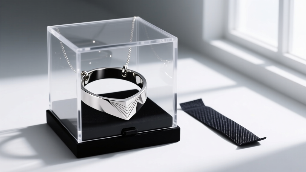 Titanium metal collar necklace stored inside an airtight acrylic box with a dark anti-tarnish silica gel strip placed beside it.
