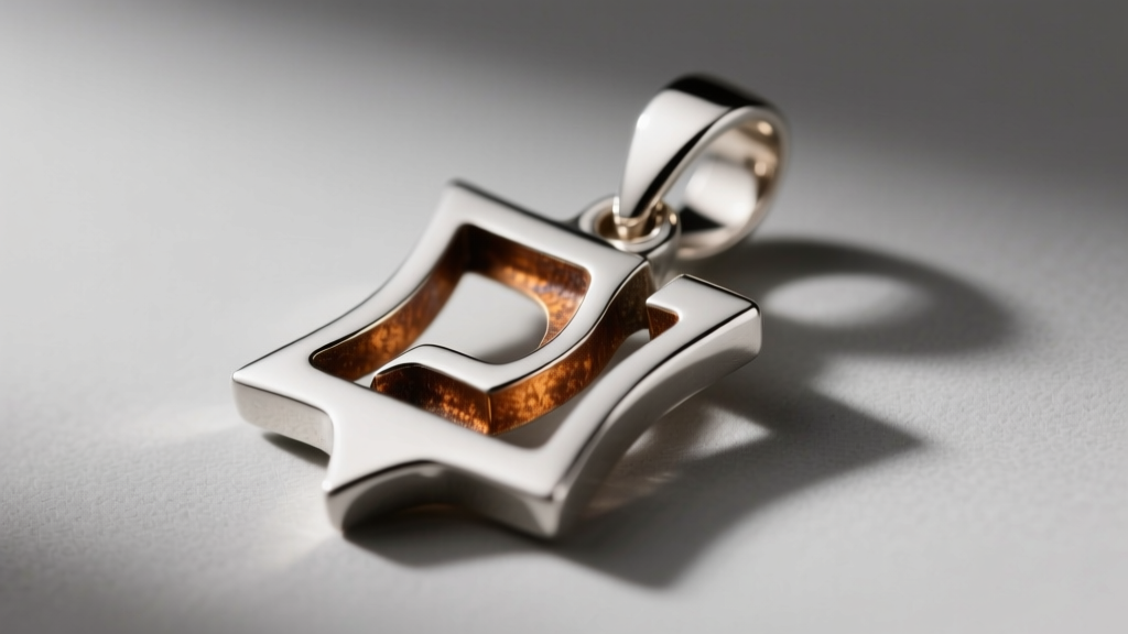 Side view of sterling silver Hebrew Shin pendant showing laser-cut edges and slight patina in deep inner metal crevices