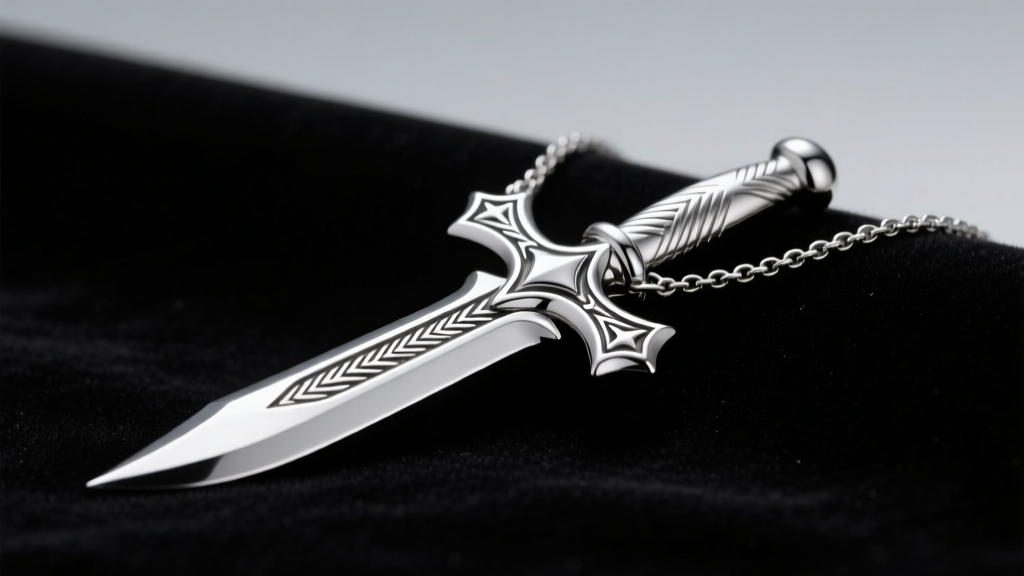 Polished 316L stainless steel Mihawk cross dagger necklace on dark velvet, with studio lighting highlighting the blade edge