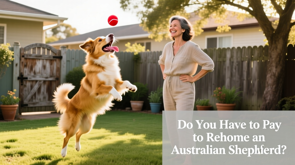 An Australian Shepherd happily playing fetch in a fenced yard with their new owner, both looking joyful and relaxed