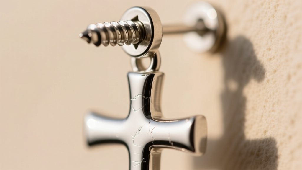 Macro close-up of an 18-gauge threaded screw back post on a sterling silver dangling cross earring showing secure threading