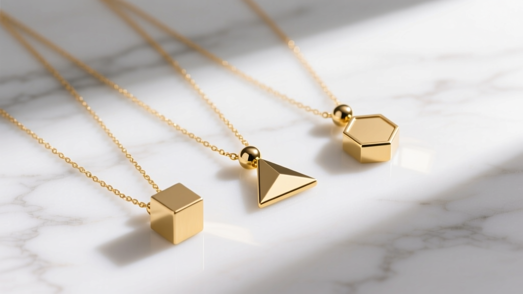 Flat lay of three gold vermeil metal ball necklace lengths styled with geometric pendants on a bright white marble surface.