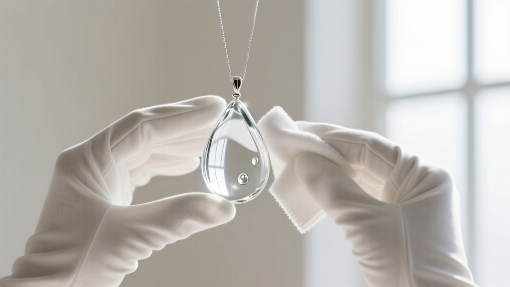 Hands wearing white cotton gloves gently wiping a glass dew drop pendant with a microfiber cloth, bright natural window light