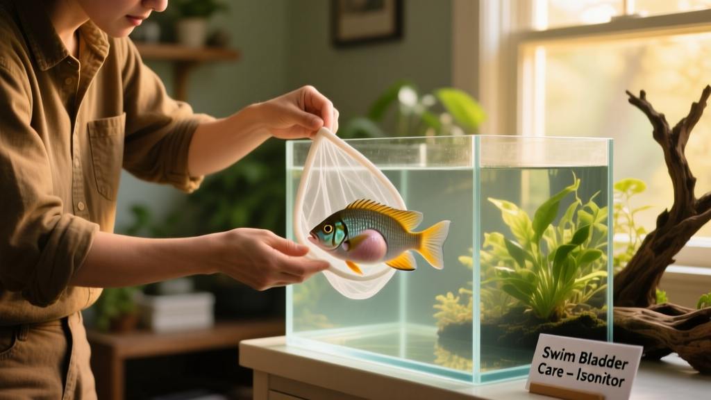 Aquarium hobbyist gently transferring a distressed fish into a clean hospital tank using a soft net