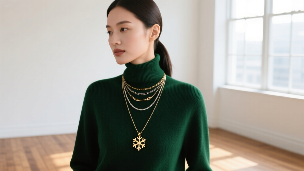 Woman wearing a layered necklace stack with a subtle gold snowflake charm pendant over a dark green cashmere turtleneck sweater.