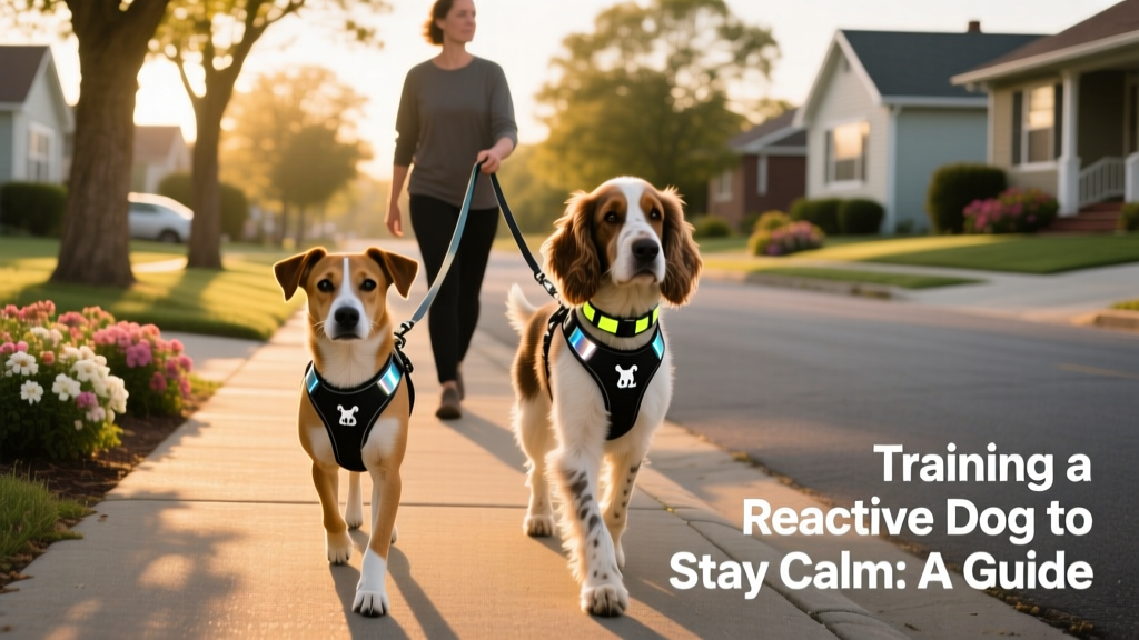 Two dogs walking calmly side-by-side on a quiet neighborhood street, both wearing reflective collars and leashes