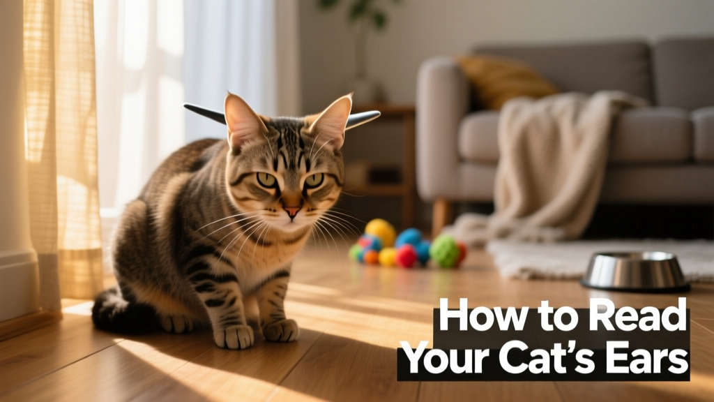 Cat with ears flattened sideways ('airplane ears'), sitting low to the ground near a quiet corner of the room
