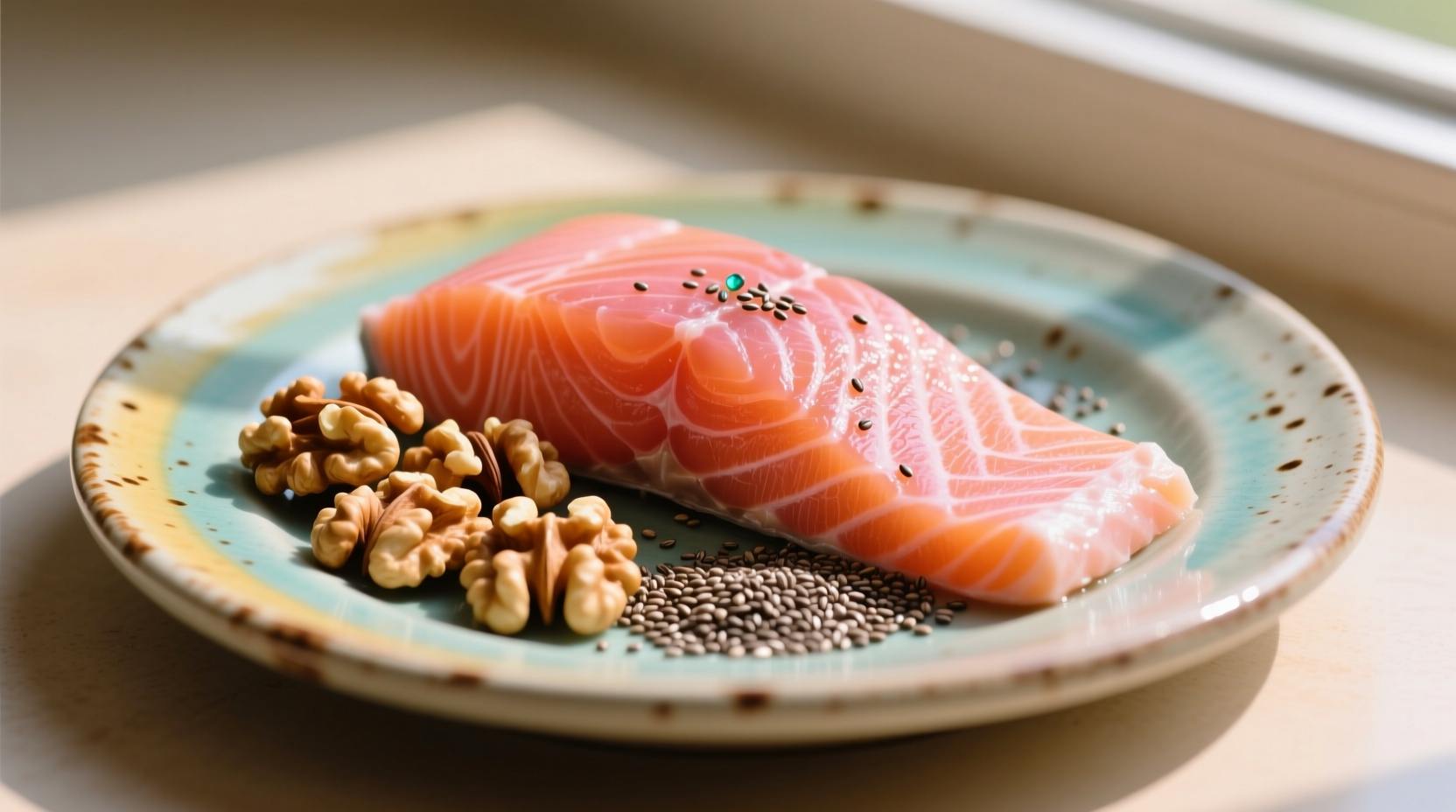 Colorful plate with salmon, walnuts, and chia seeds