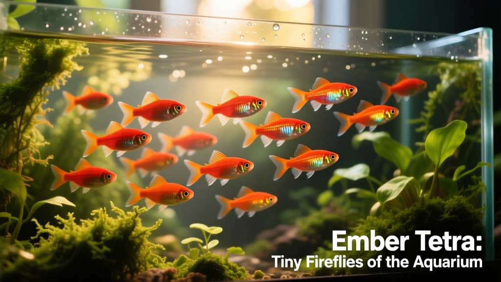 A vibrant school of Ember Tetras swimming together in a well-planted aquarium