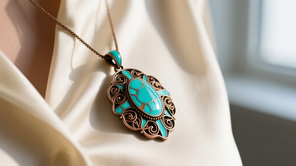 Close-up of a handcrafted Lori Bonn enamel pendant featuring vibrant turquoise and bronze filigree resting on a cream silk blouse.