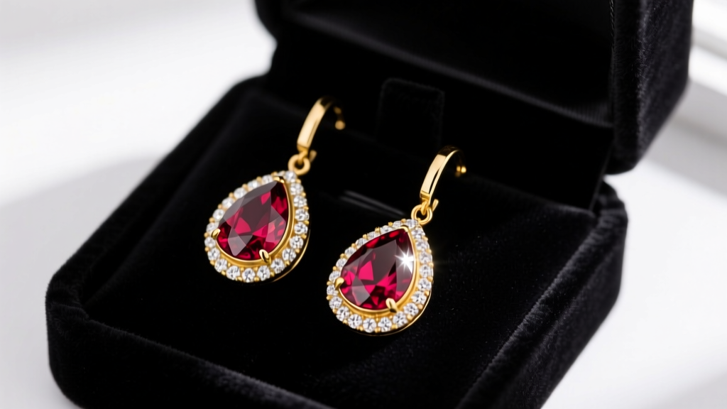 Elegant 18k yellow gold dangle earrings with pear-shaped Mozambique rubies and diamond halos resting on dark velvet gift box.