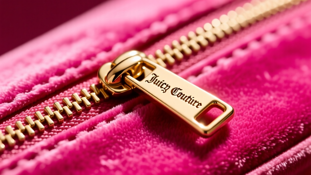 Top-down view of a brass zipper pull with the Juicy Couture script logo engraved, resting on bright pink flocked velvet.