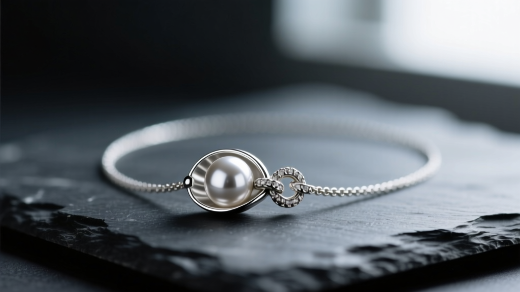 Silver clamshell bead tip enclosing a glued knot on a necklace, resting on dark slate with a softly blurred background.