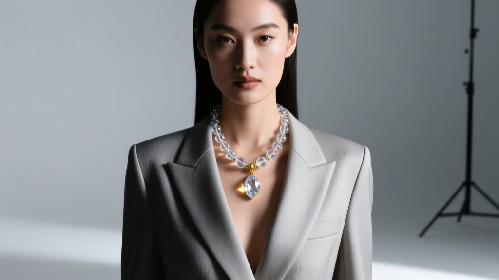 Model in v-neck blazer wearing a 20-inch clear quartz bead necklace and gold pendant, studio light emphasizing the quartz sparkle