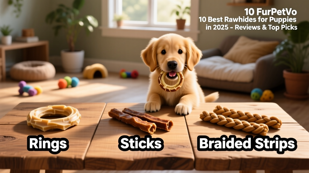 Side-by-side comparison of three FurPetVo puppy rawhide varieties: rings, sticks, and braided strips