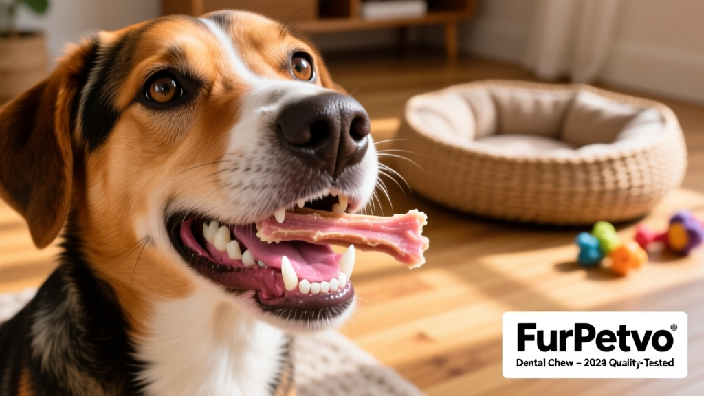 A close-up of a dog’s healthy pink gums and clean white teeth, with a FurPetVo dental chew nearby