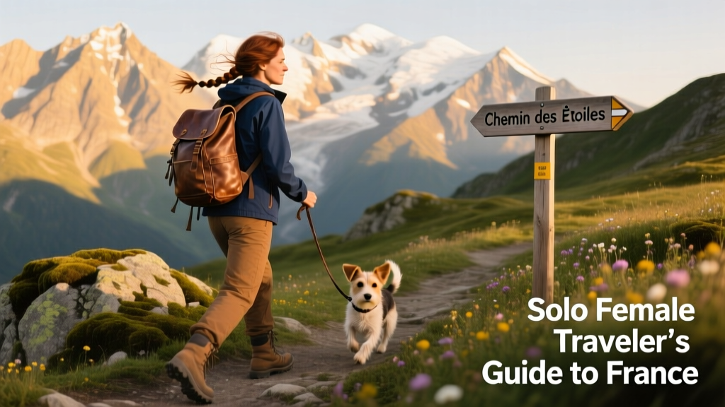 A solo female traveler hiking in the French Alps, surrounded by mountain peaks and alpine trails