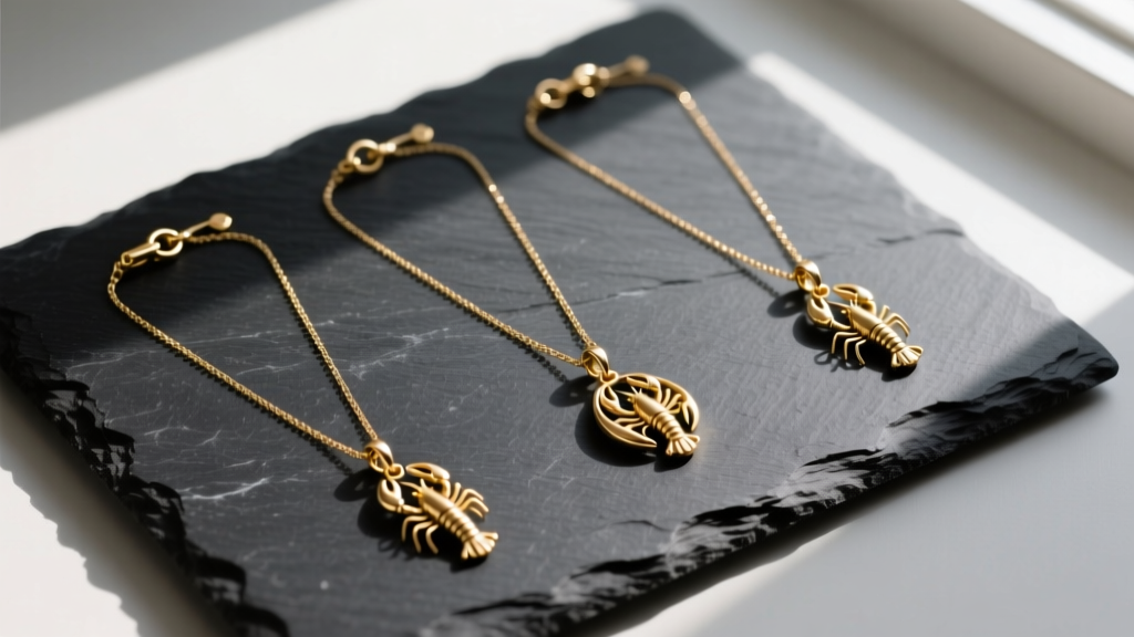 Flat lay of three gold dangle necklaces with lobster clasps and counterweights, arranged neatly on a textured dark slate board.
